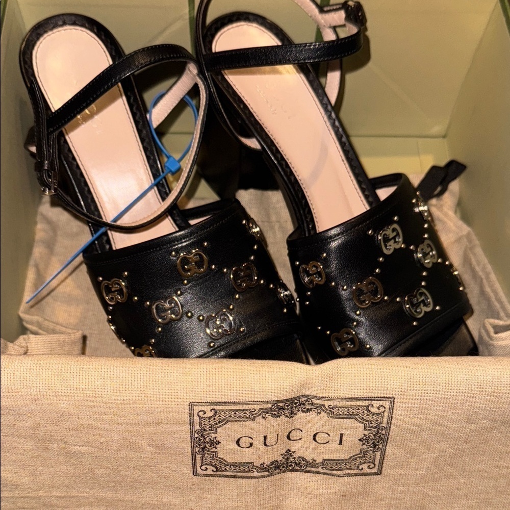 Gucci Black Studded Heels leather size 6 Authentic Janaya GG logo - Picture 3 of 12